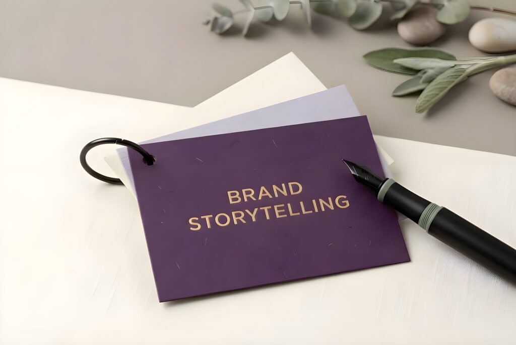 Set of branded color cards on a ring with the first one reading "Brand Storytelling" on a dark purple card.