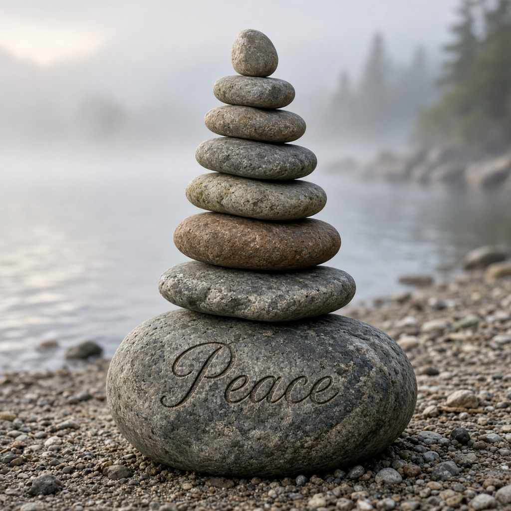 Stacked stones beside calm water representing balance and mindfulness. Mindfulness Coaching with Michelle Beckham-Corbin.