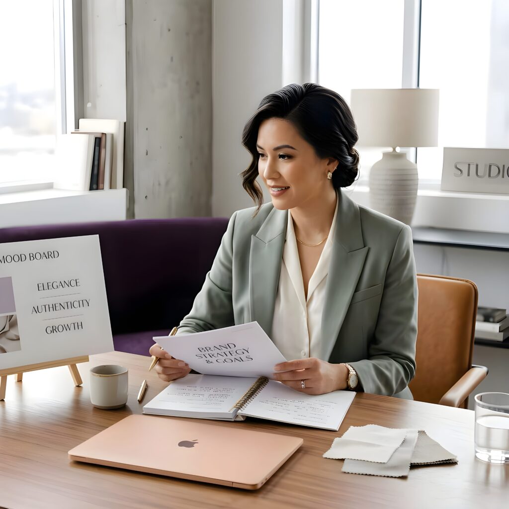 Woman seated at desk in a coaching session for personal branding.